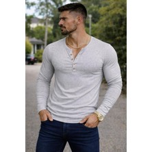 Bybülent Özel Üretim Uzun Kollu Henley Yaka Düğmeli Açık Geniş Yaka Tişört T-Shirt