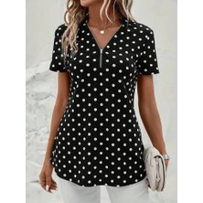 Etiler Collection Kadın Kısa Kollu Yakadan Fermuarlı Puantiyeli Uzun Dokuma Viskon Bluz