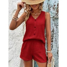 Etiler Collection Kadın Askılı Kolsuz V Yakalı Önden Düğmeli Bürümcük Bluz ve Short Ikili Takım