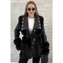 Muna Boutique Ithal Siyah Deri Kürk Detaylı Bağlamalı Kadın Ceket