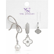 MSZ Silver Inci Detaylı Fiyonk ve Yonca Figürlü Şık Kadın Küpe - Çelik Çoklu Küpe Seti