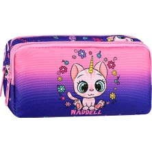 Niss Store Lisanslı Mor-Pembe Kedi Desenli 2 Cepli Kalem Çantası