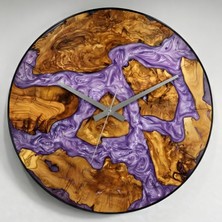 Wood Stone Art Epoksi Zeytin Lila Duvar Saati Ahşap Metal Çemberli Zeytin Ağacı Epoksi Duvar Saati