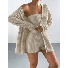 Flamex Kadın Uzun Kollu Önü Açık Şardonlu Kaşkorse Ceket Büstiyer ve Short Üçlü