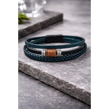 Lia Charm Erkek Üç Katlı Örgülü Metal ve Deri Detaylı Mıknatıslı Bileklik