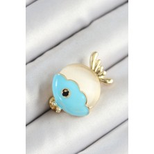 Calperia Mineli Turkuaz ve Krem Balık Figürlü Gold Renk Kadın Broş - TJ-BR454