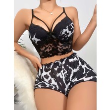 MOTTO10 Butik Kadın Siyah Leopar Desenli Dantel Detaylı Şortlu Gecelik Pijama Takımı 5055