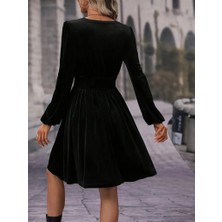 Livizmir Moda Kadın Uzun Kollu Kruvaze Yaka Beli Lastikli Kiloş Kadife Elbise