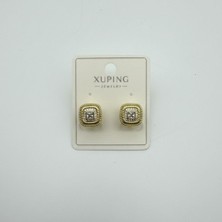 Xuping Kare Formlu Çerçeve Detaylı Taşlı Gold Küpe