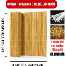AYGHOME - 120X300 cm Doğal Kamış Hasır Çit - 3 Metre Pilli LED Işık ve Bağlantı Aparatı Hediyeli - Misina Örgülü Balkon Bahçe Gölgelik