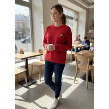 Asl Woman Ayı Nakışlı Bisiklet Yaka Oversize Triko Kazak – Yumuşak Dokulu Kışlık Kadın Kazak