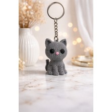 Glam Dekorasyon Sevimli Kedi Gri Renk Örgü Desenli Anahtarlık, Hediyelik Plastik Aksesuar Dekor, 1 Adet 5 cm