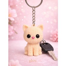 Glam Dekorasyon Sevimli Kedi Krem Renk Örgü Desenli Anahtarlık, Hediyelik Plastik Aksesuar Dekor, 1 Adet 5 cm