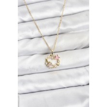 Skygo 316L Çelik Zincir Gold Renk Pembe Taş Detaylı Çelenk Model Kadın Kolye