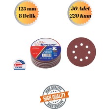 mobilyap Mercure 50 Adet 220 Kum 8 Delikli 125 mm Cırt Zımpara Kağıdı El Zımparaları Avuç Içi Spiral Taşlama