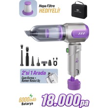 7GO AHV-14 2'si 1 Arada Kablosuz Araç İçi Süpürge Mor | 18000PA Güçlü Vakum + Üfleme | Cam Kırıcı & Kemer Kesici Acil Durum Özellikli