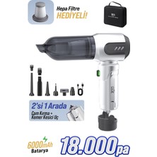 7go Ahv-14 2'si 1 Arada Kablosuz Araç Içi Süpürge Gümüş | 18000PA Güçlü Vakum + Üfleme | Cam Kırıcı & Kemer Kesici Acil Durum Özellikli