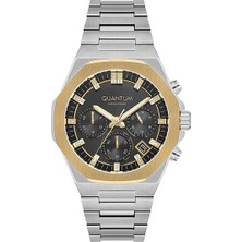 Quantum Erkek Kol Saati 44 mm Silver Metal Kordon Kronograf Mekanizma Gümüş Altın Kasa 10 Atm