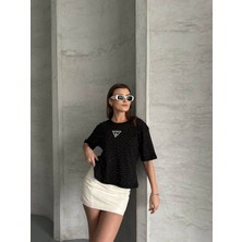 My Lunessa Taşlı Üçgen Siyah Crop T-Shirt