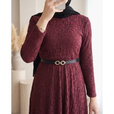Modamorfo Kemerli Astarlı Güpür Dantel Elbise -Bordo