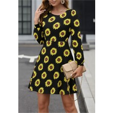 Stelol Kadın Uzun Kollu Bisiklet Yaka Desenli Kısa Krep Elbise