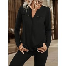 Stelol Kadın Uzun Kollu V Hakim Yaka Fermuar Detaylı Viskon Bluz