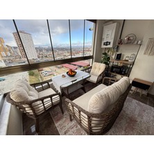 Tu Tienda Kartepe Galvaniz Boru 2 1 1 Sehpa(60*90) Rattan Bahçe Balkon Takımı,Kahve Rattan / Krem Kumaş