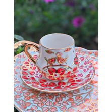 Manushum El Boyama Porselen Osmanlı Kuşlu Saray Kahve Fincanı-Kırmızı 1 Adet