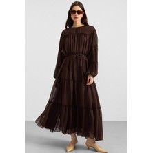 Olcay Büzgü Detaylı Şifon Elbise Kahve 9416-E