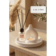 Zuri Design Vanilya 50 ml Cam Şişe Oda Kokusu Mum Altlığı ve Beton Biblo Set - Sunum Tepsisi Seti