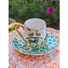 Manushum El Boyama Porselen Osmanlı Kuşlu Saray Kahve Fincanı-Yeşil 1 Adet