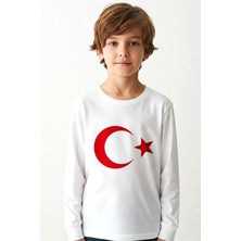 Lovexi Türk Bayrağı Ay Yıldız Baskılı Beyaz Uzunkol Tişört (23 Nisan  19 Mayıs)