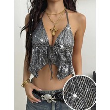 Ruselin Kadın Metalik Gümüş Pul  Detaylı Crop Askılı Önden Bağlama 5093