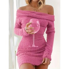 Stelol Kadın Uzun Kollu Omuzlardan Açık Kısa Şardonlu Triko Elbise