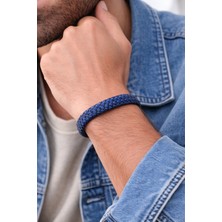 Herşey Nota Lacivert Füme Hakiki Deri Örgü Erkek Bileklik – Altın Renk Mıknatıslı TOKALI-159