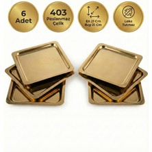 Abant Gold Altın Kare Paslanmaz Çelik Kahve Servis Sunum Tepsi & Tabağı 6'lı 21 x 21 cm