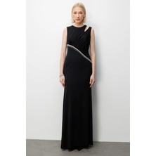 Ekol Taş Işlemeli Omzu Açık Maxi Elbise 6052