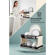 İlkyaz Fashion 2 Katlı Rattan Dokulu Lüks Bulaşıklık - Kirli Beyaz & Acı Kahve Modern Düzenleyici  Ilkyzhb-R