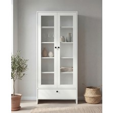 Cam Kapaklı Beyaz Çok Amaçlı Kitaplık Dolap – Çekmeceli Modern Raflı Vitrin