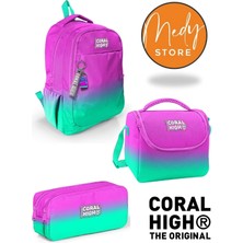 Coral High Pembe Su Yeşili Renk Geçişli 3’lü Okul Çanta Seti