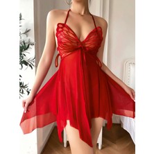 Ruselin Kadın Kırmızı Kelebek Detaylı Tül Fantezi Gecelik 2246