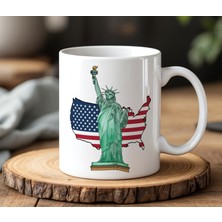 BB DESIGN Amerika Heykel Tasarımlı Beyaz Seramik Baskılı Kupa Bardak 330 ml