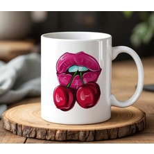 BB Design Pembe Dudak Tasarımlı Beyaz Seramik Baskılı Kupa Bardak 330 ml