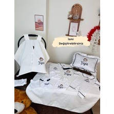 Karsu Tasarım Isimli Hastane Çıkış Seti, Takı Yastığı ve Puset Örtüsü %100 Pamuk 12 Parça 0-3 Ay Yaprak Nakışlı