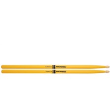 Promark TX5AW-YELLOW 5A American Hickory Baget - Sarı (Profesyonel) | Parlak Sarı Renk, Yüksek Mukavemetli Boya Katmanı, Amerikan Hickory Ağacı ve Klasik Ahşap Uç
