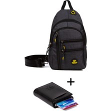 Newish Keten Kumaş USB Kulaklık Çıkışlı Göğüs Omuz  Çantası ve Mekanizmalı Cüzdan Kartlık - Siyah - NEW122