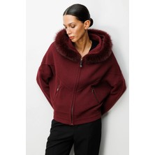 On Fashion Kadın Yakası Kürklü Fermuarlı Bordo Hırka 63908