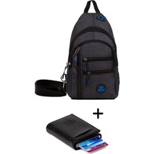 Newish Keten Kumaş USB Kulaklık Çıkışlı Göğüs Omuz  Çantası ve Mekanizmalı Cüzdan Kartlık - Siyah - NEW122