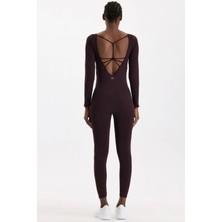 Sırtı Açık Uzun Spor Tulum Burgundy