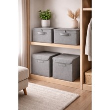 Prendi Home 4'lü Lüks Set 2 Adet Kapaklı Kutu ve 2 Adet  Destekli Gri Hurç Dolap Içi Düzenleyici